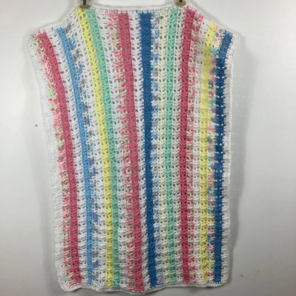 Handmade Crocheted Baby Receiving Blanket Multicolored Pastel & White Stripes 23
